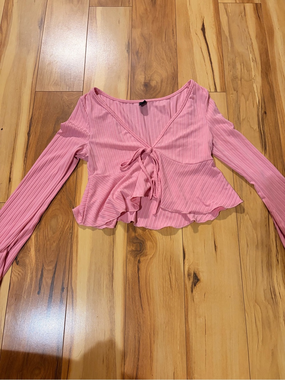 SHEIN Pink Ribbed Tie-Front Ruffle Long-Sleeve Crop Top